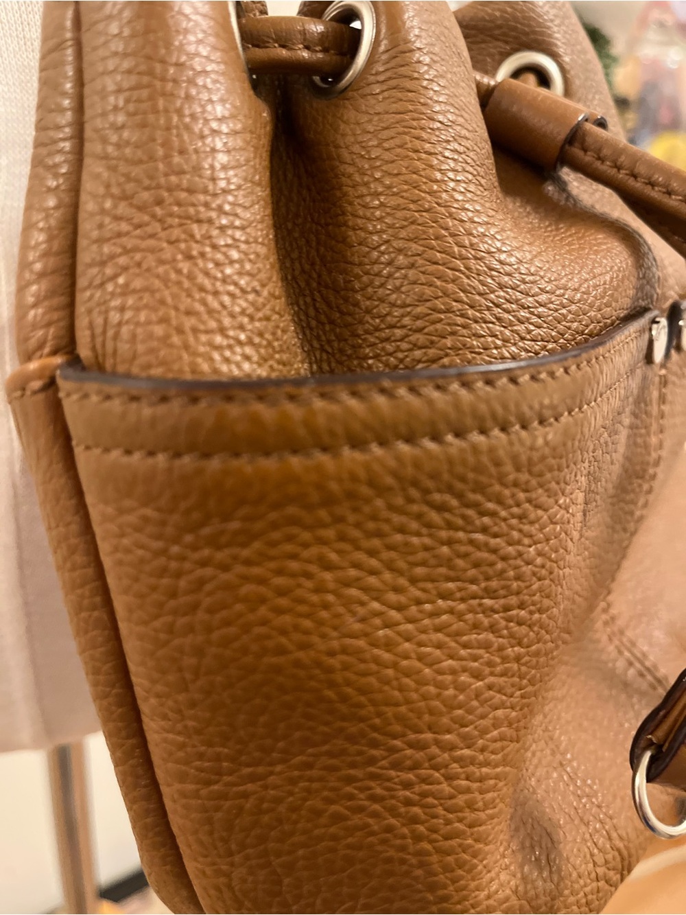 Tignanello Caramel Brown Pebbled Leather Drawstring Crossbody - Picture 5 of 10